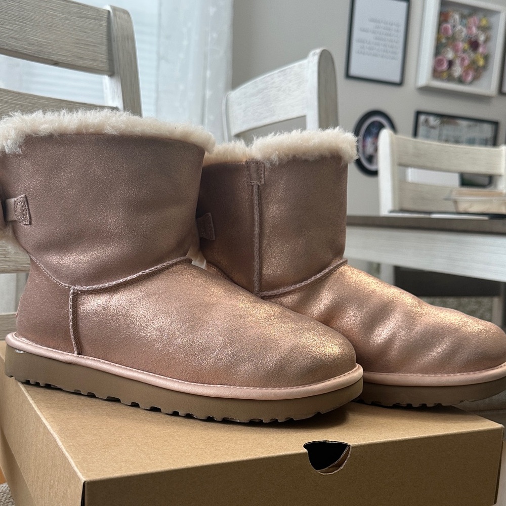 UGG Metallic Pink Boots with Fluffy Bow